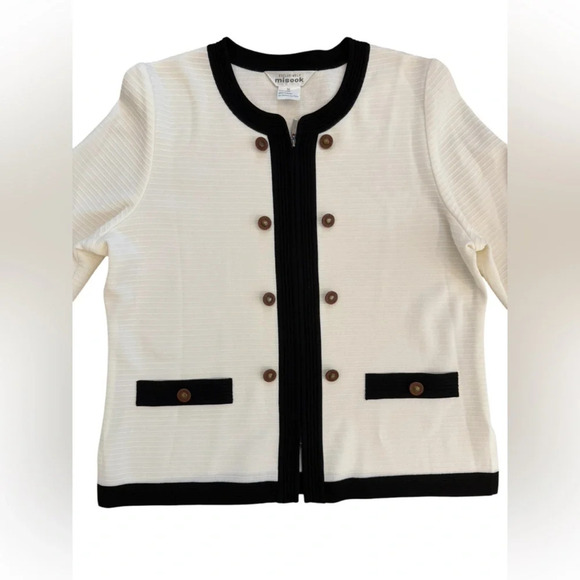 MISOOK White & Black Zip Jacket Cardigan with Brown/Brass Button Detail Size M - Picture 4 of 10